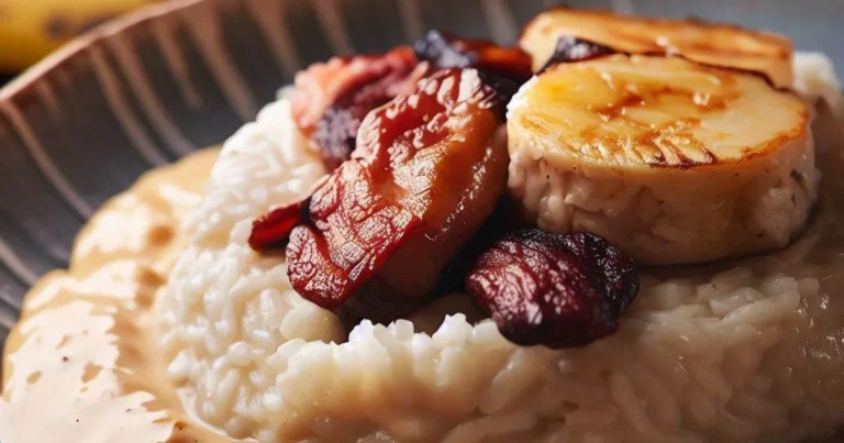 Arroz cremoso com banana e bacon e filé mignon suíno