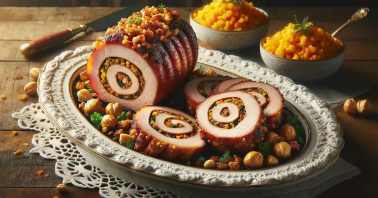 Lombo suíno com bacon e taioba com farofa de macadâmia