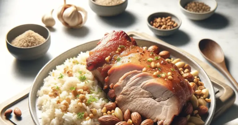 Sobrepaleta suína e arroz com nozes