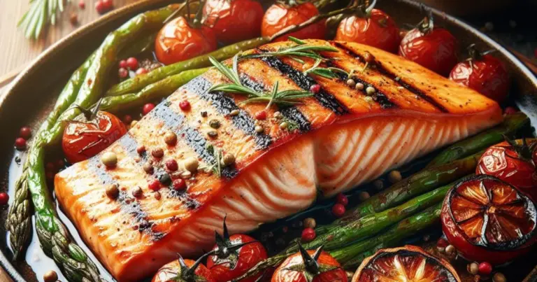 ​​Salmão grelhado com tomates assados