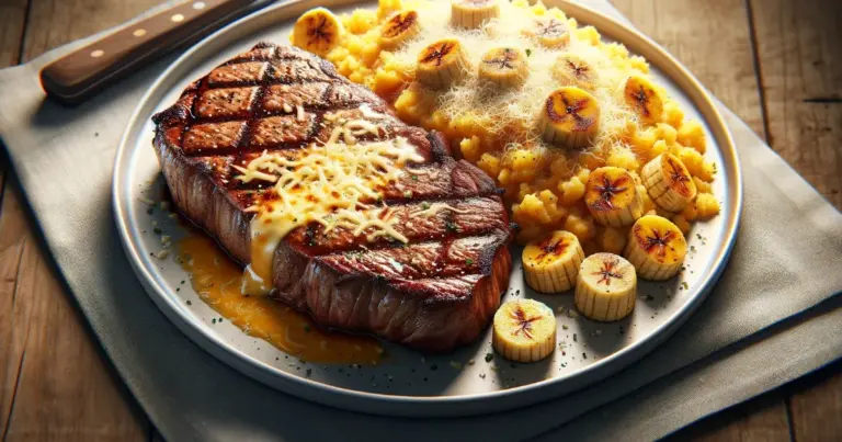 Picanha com crosta de queijo e farofa de banana