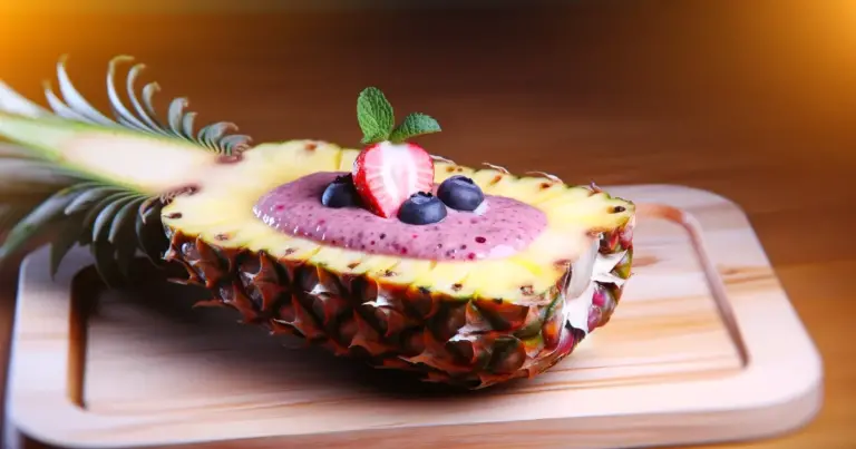 Smoothie servido no abacaxi