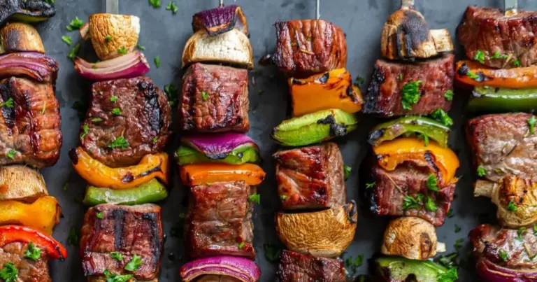 Espetinhos de frango e carne com legumes