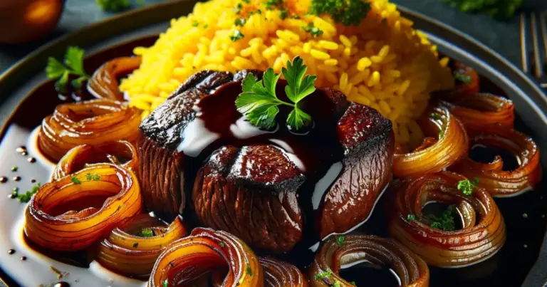 Maminha ao molho de cerveja escura com cebola caramelizada