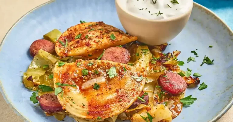 Foto da receita de Jantar de Assadeira com Pierogi e Linguiça